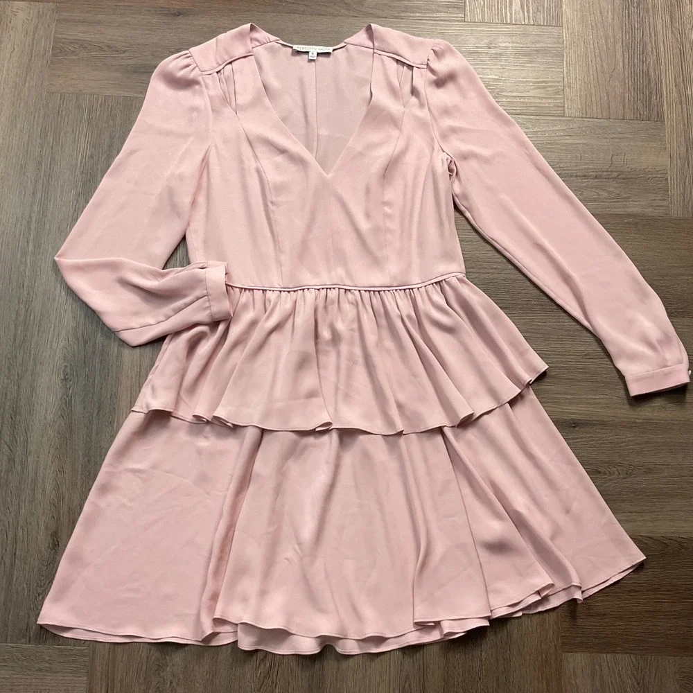 Rebecca Minkoff Jina V‎ Neck Tiered Ruffle Long Sleeve Dress Womens 0 Pale Pink
